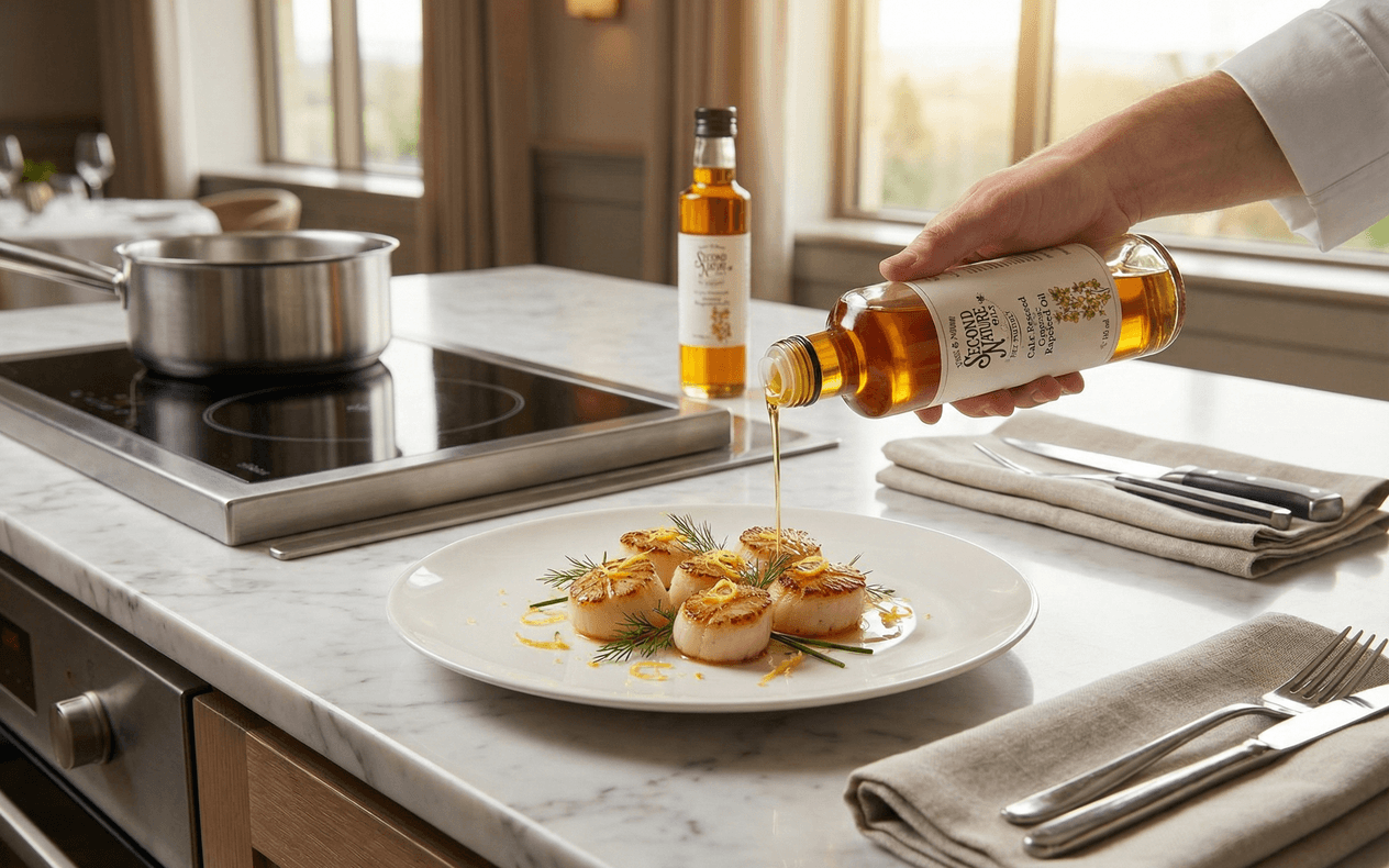 Chef pouring Second Nature oil on gourmet dish