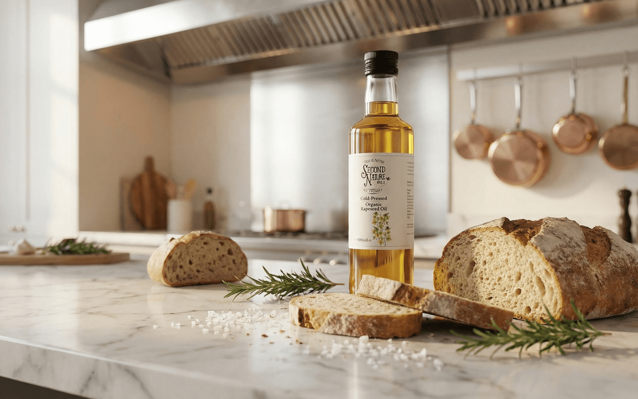 Premium cold-pressed rapeseed oil bottle with artisan bread